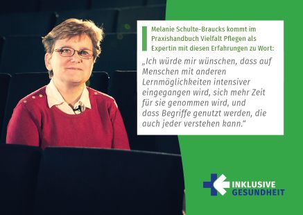 Postkarte: Melanie Schulte-Braucks kommt im Praxishandbuch Vielfalt Pflegen als Expertin mit diesen Erfahrungen zu Wort: „Ich würde mir wünschen, dass auf Menschen mit anderen Lernmöglichkeiten intensiver eingegangen wird, sich mehr Zeit für sie genommen wird, und dass Begriffe genutzt werden, die auch jeder verstehen kann.“