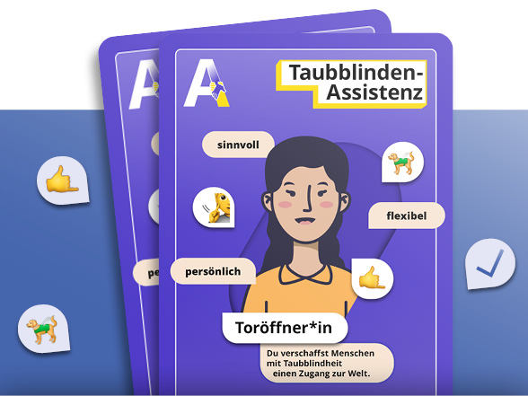 Eie Spielkarte mit einer Taubblindenassistentin. Dem/der Alltagsbotschafter*in. Icons von Blindenund, Hören, Gebärden